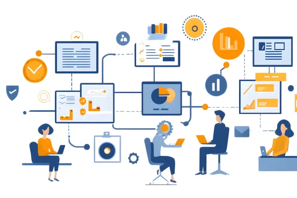 Grafische Darstellung eines Planungsprozesses mit stilisierten Computern, Personen und Pfeilen